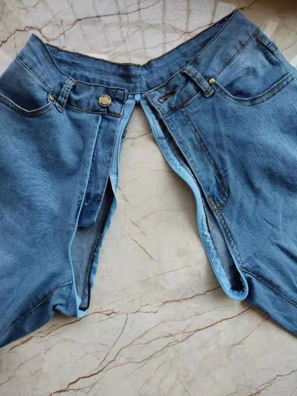 Letnie porwane jeansy damskie niewidoczne spodnie w kroczu zniszczone Retro Y2g Streetwear luźna szeroka nogawki jeansowe spodnie Outdoor Sex