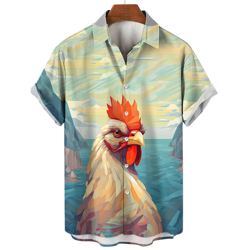 남성용 비치 치킨 프린트 반팔 셔츠, 우아한 하와이안 셔츠, 소셜 Y2k 하라주쿠 오버사이즈 상의, 데일리 캐주얼 의류, 여름