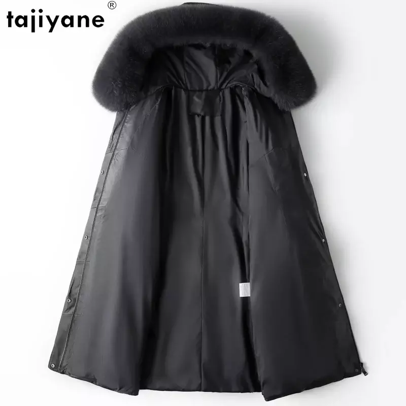 Tajiyane-jaqueta de couro de carneiro feminina, parkas quentes, casaco branco de pato, colarinho de pele de raposa com capuz, comprimento médio, 100% real, inverno, 2023