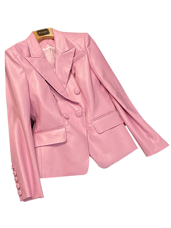 Lautaro-Blazer rosa de couro PU feminino, manga longa, slim fit, jaquetas luxuosas, curtas, elegantes, macias, elegantes, 5XL, primavera, 2022