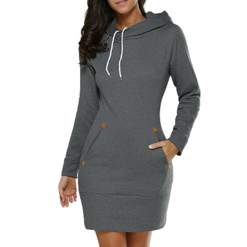 Warm Midi Dresses Sweatshirt Daily Casual Hooded Zip Neckline Simple Pockets Sports Skirt Autumn 2024New Fashion Spring Womens
