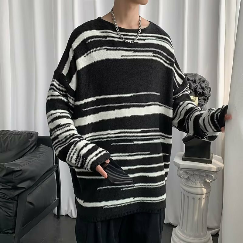 Chiny-elegancki nieregularny dzianinowa męska marka odzieżowa Ins zrelaksowany leniwy wypoczynek nowy okrągły dekolt para paskiem sweter moda