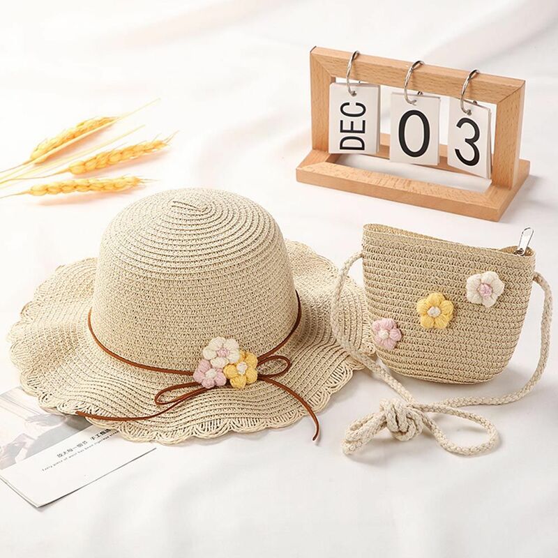 야외 여름 핸드백 가방 꽃 통기성 비치 태양 모자 밀짚 짠 모자 파나마 핸드백 가방 아기 버킷 캡