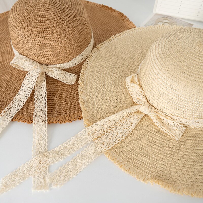 Topi jerami pelindung UV, topi matahari pantai bersirkulasi udara tepi lebar simpul kupu-kupu modis musim panas