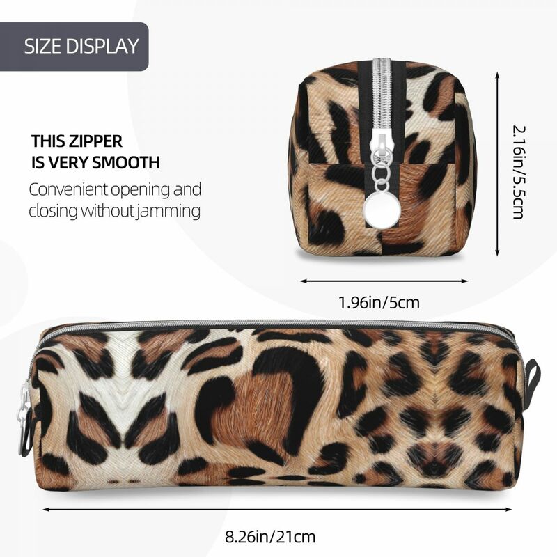 Leopard Fur Heart Pencil Case, Pen Box Bags para Student, Grande armazenamento, material escolar, Zipper Pencilcases