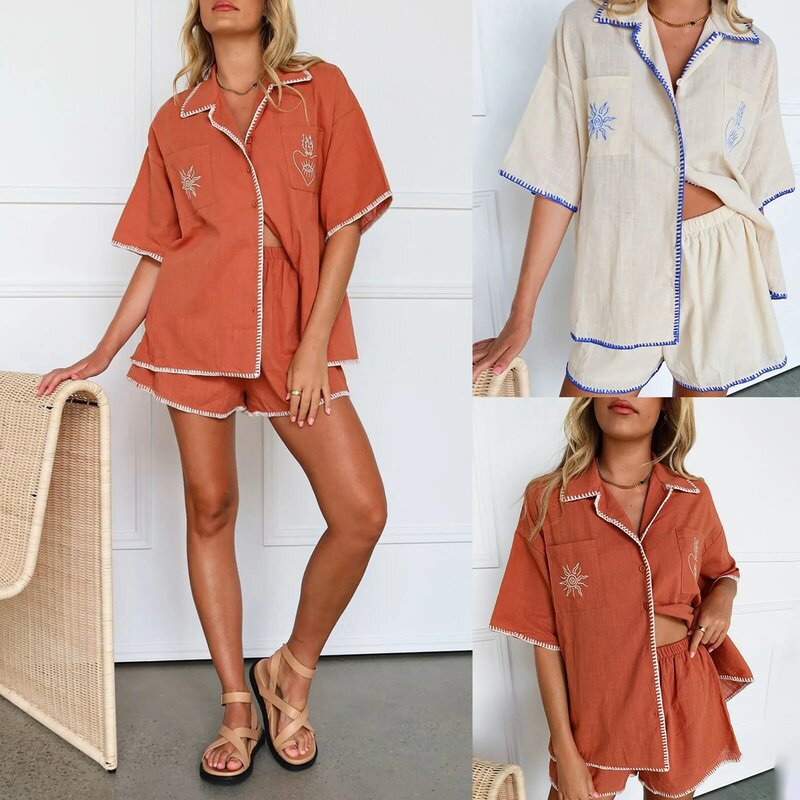 Женский комплект с шортами, рубашка с коротким рукавом и вышивкой и шорты с эластичным поясом, летний наряд