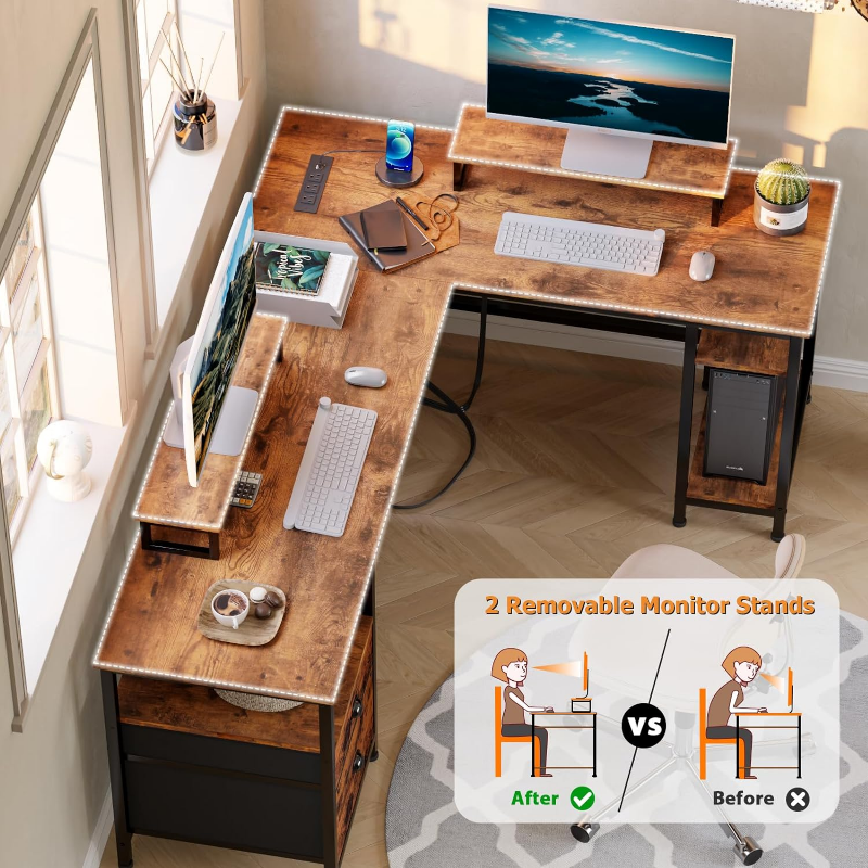 Furologee-L Shaped Desk com Tomada de Energia, Mesa do computador reversível com gaveta de arquivo, 2 Stands Monitor, Home Office Desk, 66"