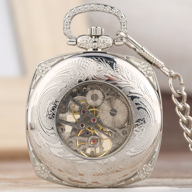 Relógio de bolso mecânico, caixa de relógio quadrada, bronze, prata, estilo antigo, relógio vintage, relógio de corrente Fob, presente para homens