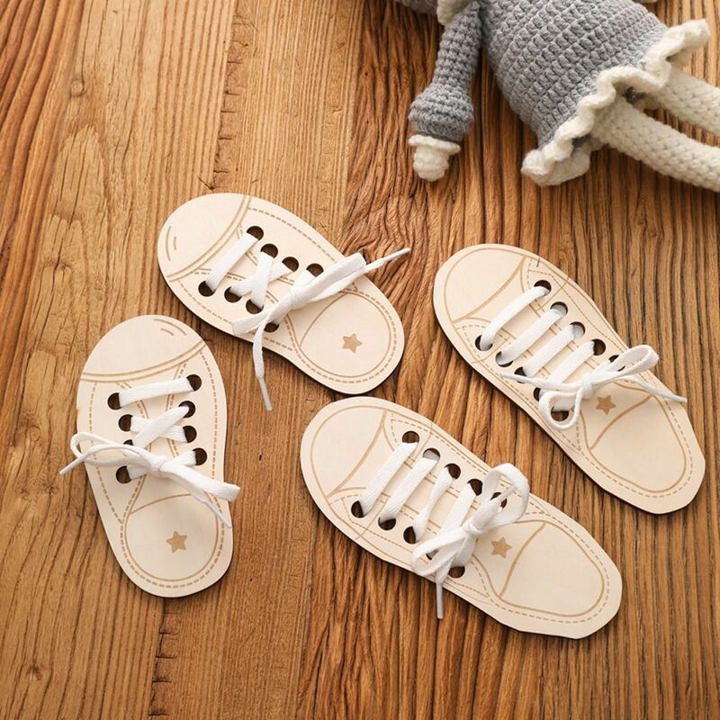 Mainan sepatu tali kayu alat bantu mengajar Montessori mainan edukasi Montessori tali sepatu belajar mengikat