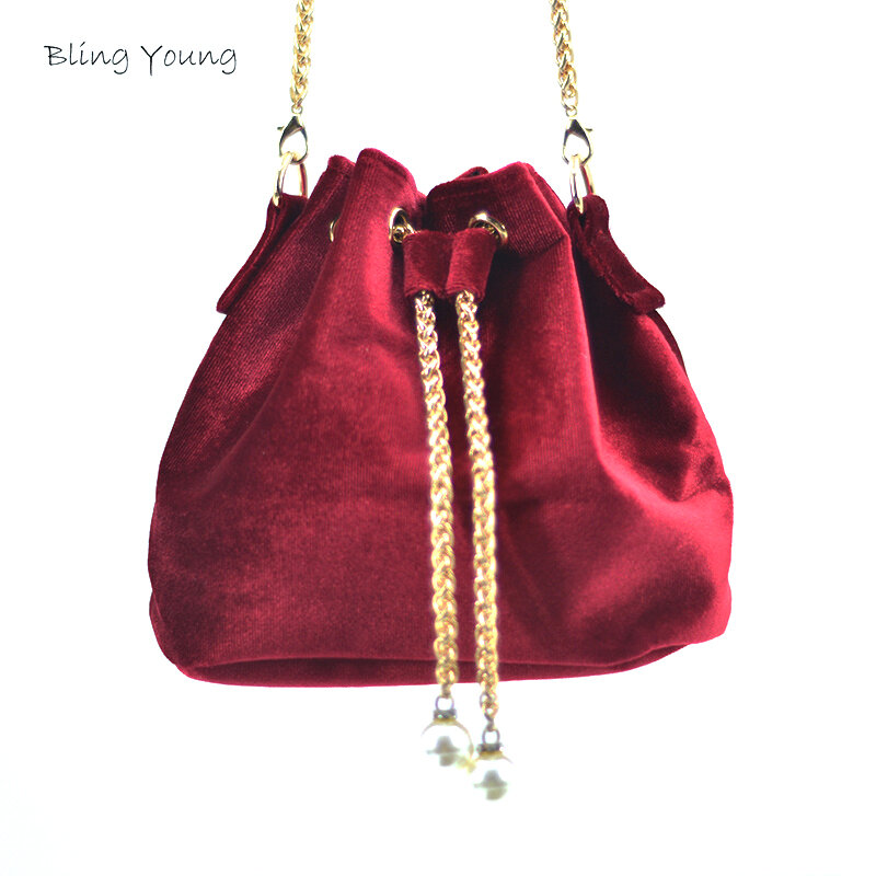レディースバケツ赤ベルベットの財布の女性のメッセンジャーパールチェーンショルダーバッグ財布とハンドバッグ高級