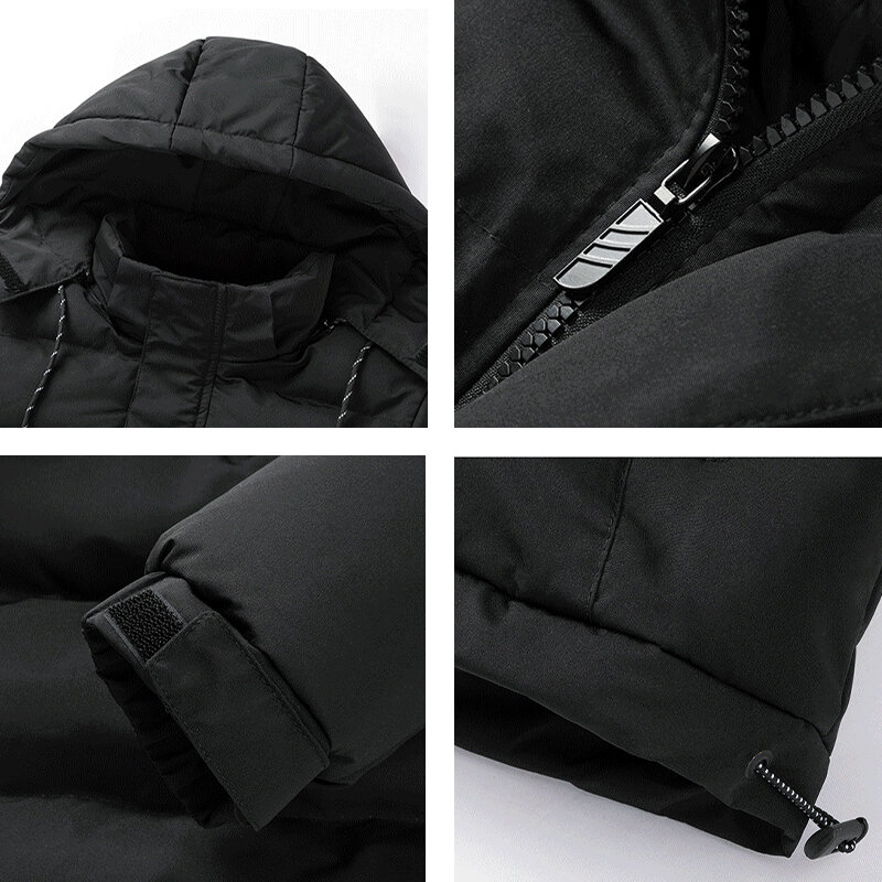 Мужская теплая куртка с капюшоном, черная однотонная ветрозащитная утепленная куртка со съемной шапкой, Осень-зима 2023