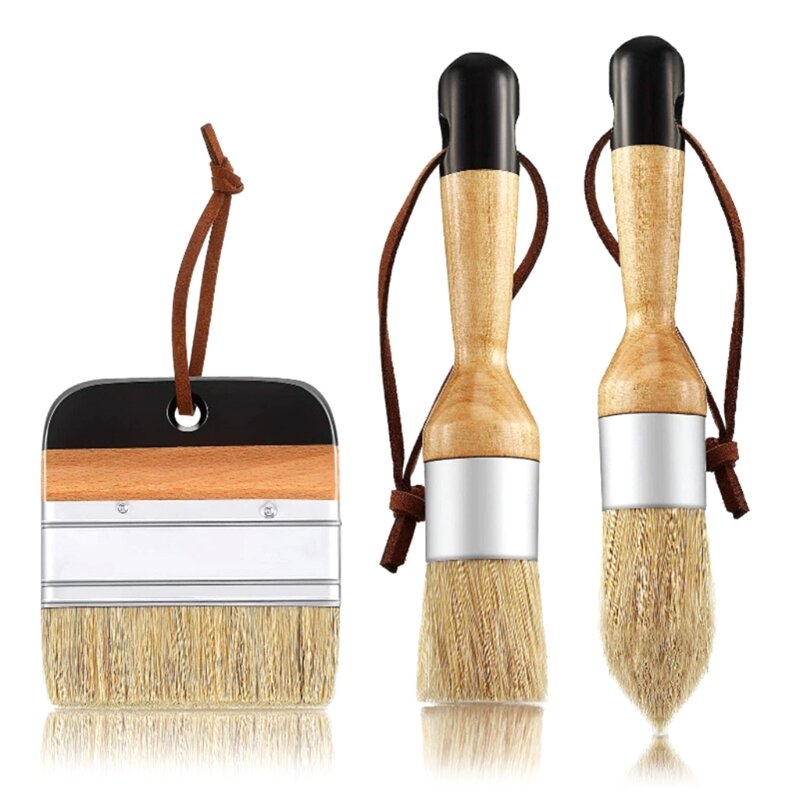 3Pcs Reusable Handle Natural Bristle Brushes Round&Wide&Pointed Chalk and Wax Paint Brush Painting and Waxing Tool