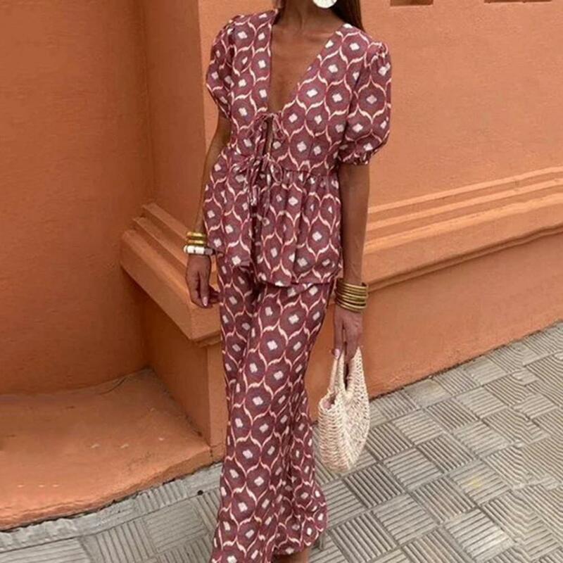 Lady Blouse Pants Set Chic Women's V-neck Cardigan Set Printed Short Sleeve Top Wide Leg Pants for Daily Wear Commute Outfit
