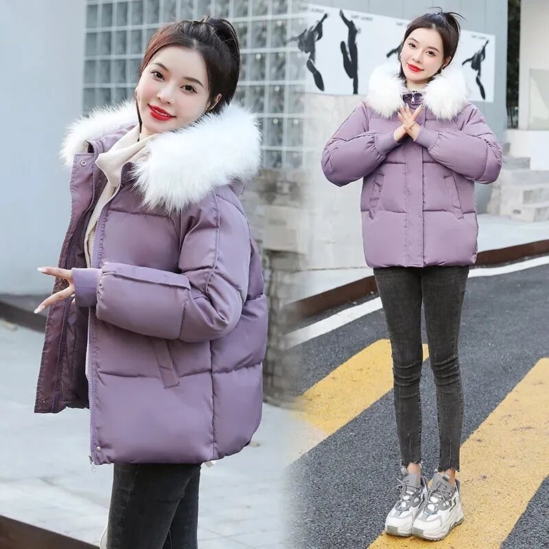 2023 Winter Large Fur Collar Parka Bread Women's Clothes  Warm Short Coat Thickened Padded Jacket Female Hooded Outwear Fluffy