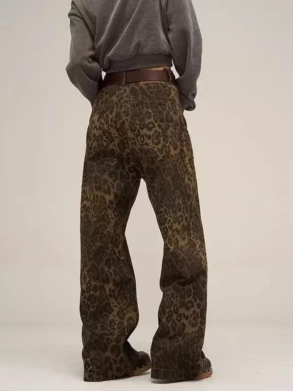 Houtan กางเกงยีนส์กางเกงยีนส์ลายเสือดาวสำหรับผู้หญิงกางเกงขากว้างโอเวอร์ไซส์เสื้อผ้าวินเทจฮิปฮอปทรงหลวมสบาย