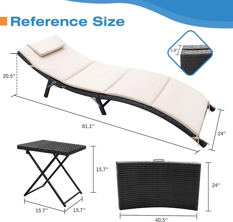 Juego de sillas reclinables de ratán PE para Patio, mesa plegable y cojín, para playa y piscina al aire libre, 3 piezas