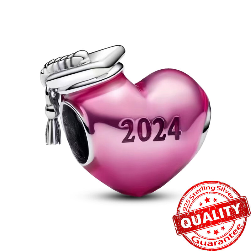 Perak murni 925 asli 2024 merah muda & biru Enamel hati wisuda tiga menjuntai jimat topi sarjana manik-manik cocok gelang Pandora