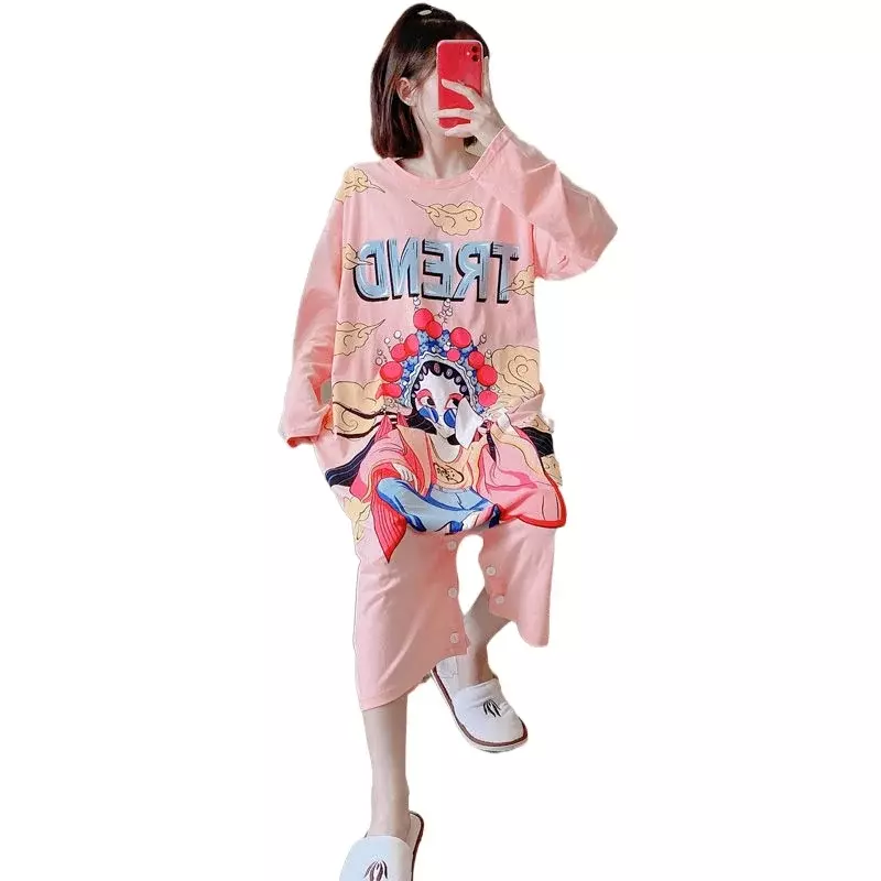 Pijama feminino de algodão puro de manga curta, peça única, pijama de verão, pode usar fora, roupas de casa, 390702002