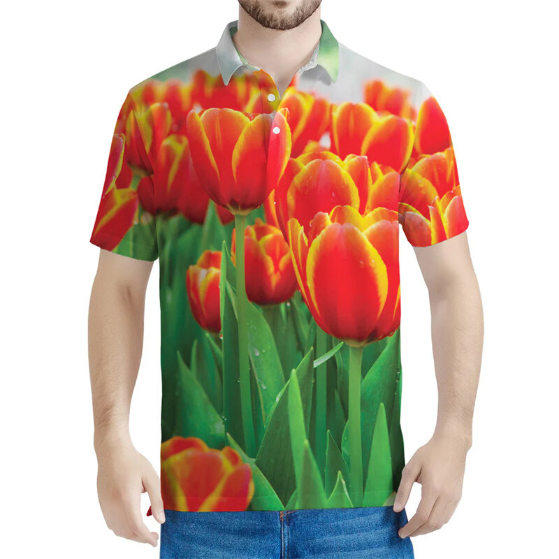 เสื้อโปโลลายดอกทิวลิปสีสันสดใสเสื้อเชิ้ตสตรีทแขนสั้นพิมพ์ลาย3D สำหรับผู้ชายเสื้อโปโลมีกระดุมทรงโอเวอร์ไซส์สำหรับฤดูร้อน