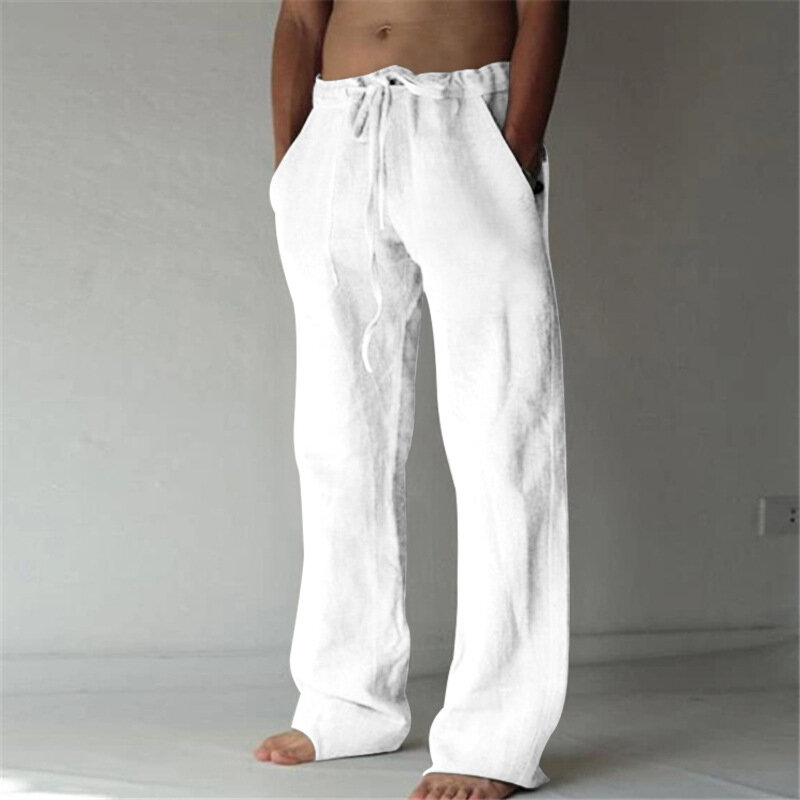 Pantalones de lino de Color sólido para hombre, pantalón informal recto con múltiples bolsillos, talla grande, transpirable, ligero y suelto, novedad de verano 2023
