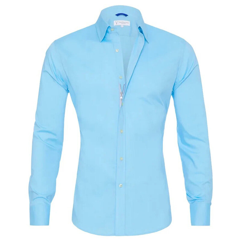 New Men's Casual Shirt Cotton Shirt Slim Tops Long Sleeve Tee Shirt Zip shirt  Solid Color High Quality Long Sleeve Shirt Men