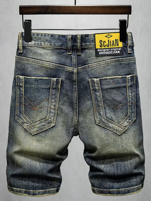 Jeans da uomo alla moda estivi di alta qualità retrò nero elastico strappato Jeans corti Patched Vintage Designer Denim Shorts uomo