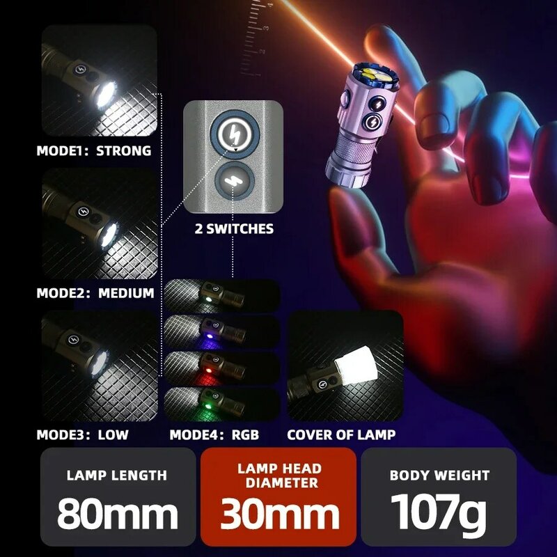 Lanterna Recarregável USB com Ímã, Tocha 18350, Atualização RGB, Lâmpada Lateral, 3 LED, 2000 Lumens, IP68 Impermeável, Caminhada, Camping