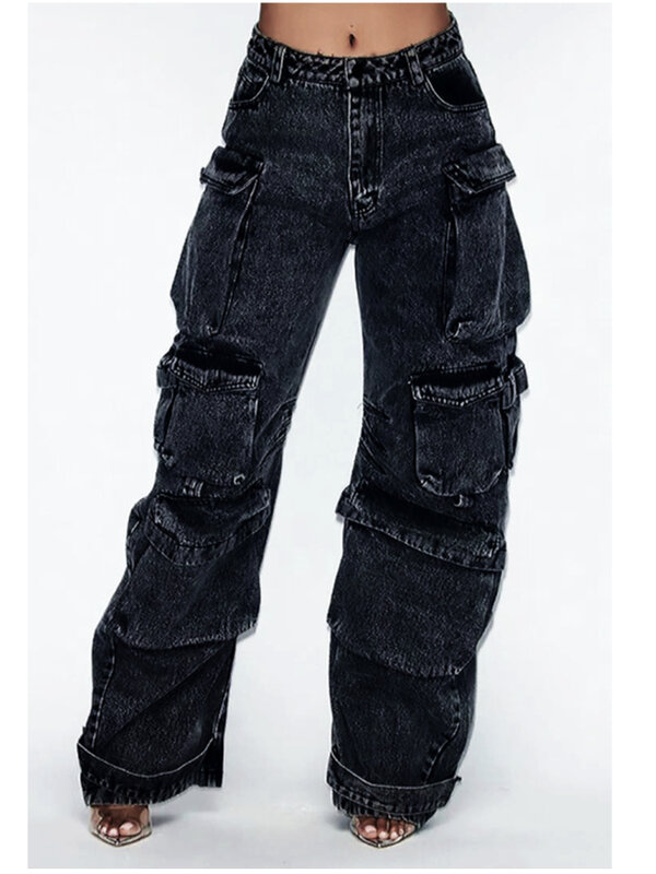 Multi-Pocket Jeans Effen Kleur Losse High Street Retro Hiphop Wijde Legpants Trend Mode Casual Straight Jeans Met Hoge Taille Vrouwen