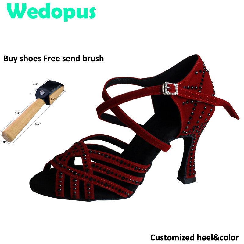 Wedopus zapatos de baile personalizados para mujer, zapatos de baile de salón de gamuza sintética con diamantes de imitación, zapatos de baile latino de 9CM, rojo vino