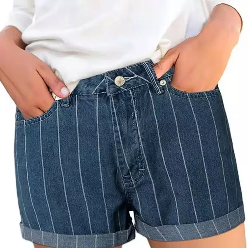 شورت جينز نسائي مخطط بجيوب ، جينز غير رسمي ، بنطلون مقيد ، بنطلون شارع رائع ، طراز جديد ،