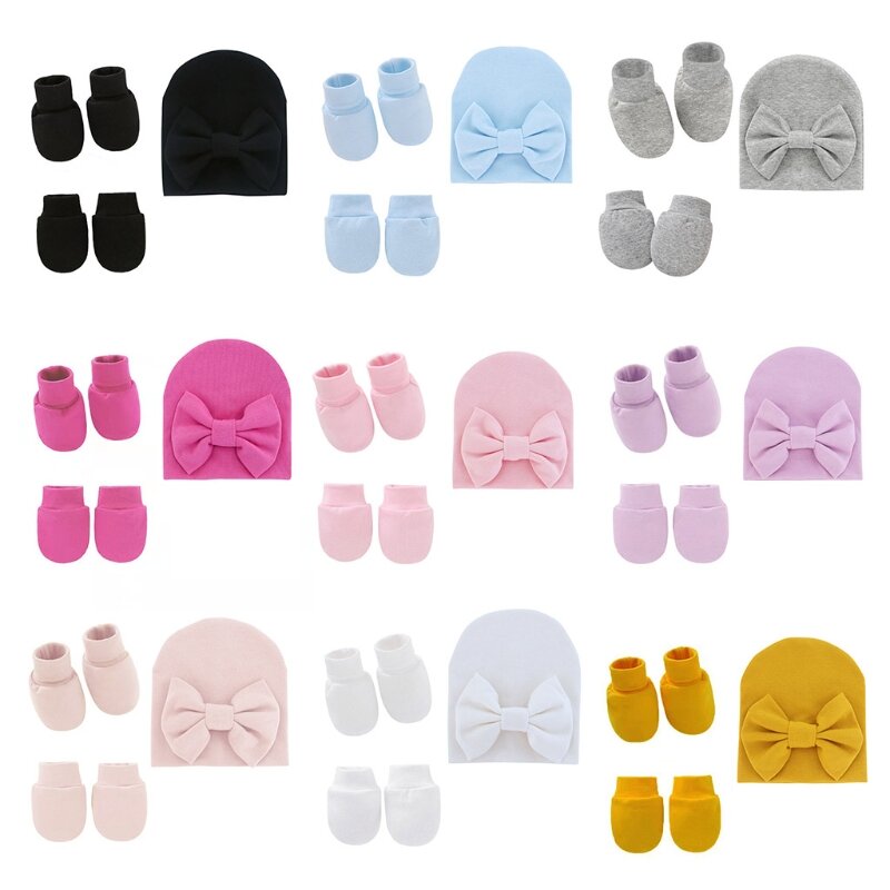 Детская шапка с бантом, перчатки без царапин, набор чехлов для ног, мягкие хлопковые варежки для младенцев, шапочки, шапка, для