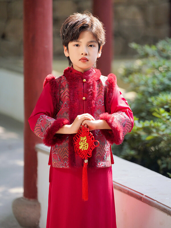 女の子のための中国風の赤い年のグリーティングドレス、クロスシャフト、ベルベット、暖かいデザイン、新しい、改善、冬、漢服
