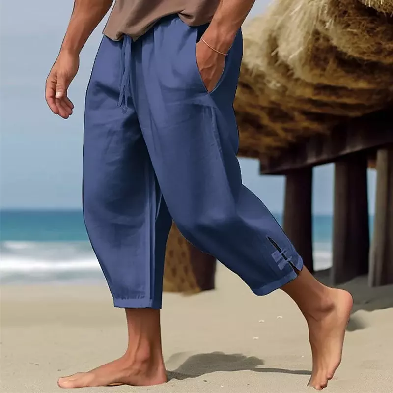 Pantalones de lino para hombre, calzas finas de diseño con abertura lateral, informales, sueltas, de tres cuartos, para primavera y verano