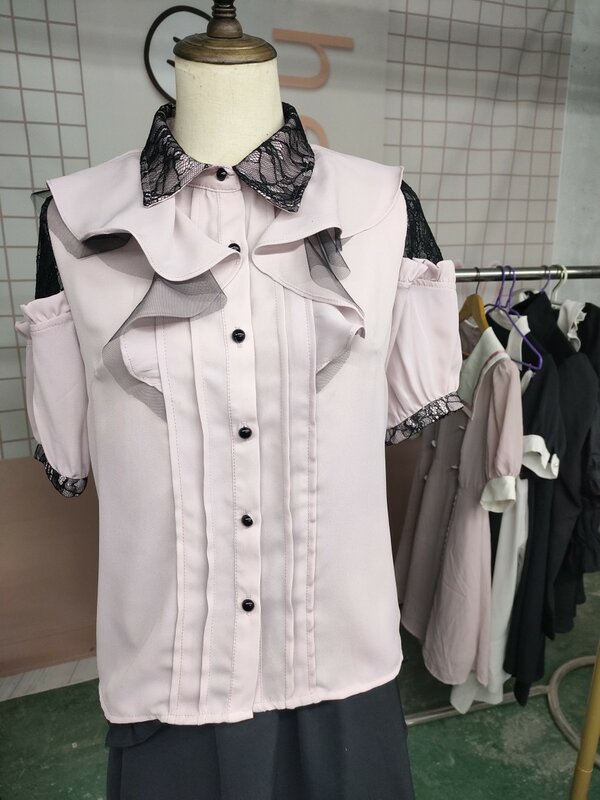 Topy damskie letnie styl japoński Rojita Girlfriend koszulka z krótkim rękawkiem seria kopalni masowo produkowana koronka, falbany długa koszula