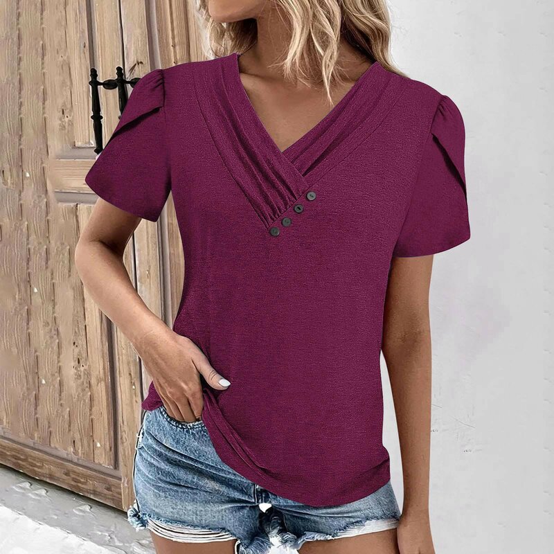 Camiseta de manga curta com decote em v feminina, blusa de botão, cor sólida, casual, plus rozmiar, top, 2020