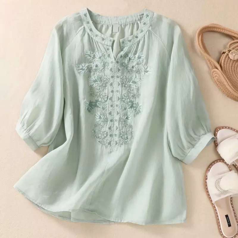 YCMYUNYAN-camisa de lino y algodón de estilo chino para mujer, blusa Vintage bordada, Tops holgados, ropa de cuello redondo