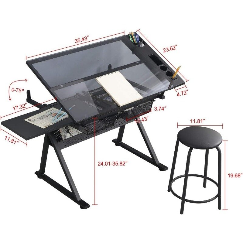 Tavolo da disegno KAAYEE Premium Drawing-scrivania da disegno regolabile in altezza, piano in vetro inclinabile fino a 72 ° con sgabello e cassetti