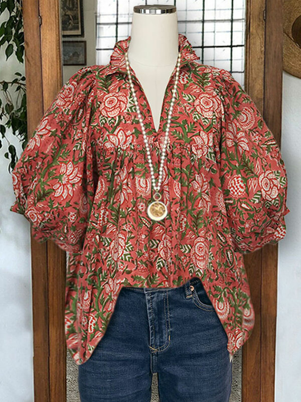 Vintage Floral Print V-neck Puff Sleeve Blouses Koraal Shirts