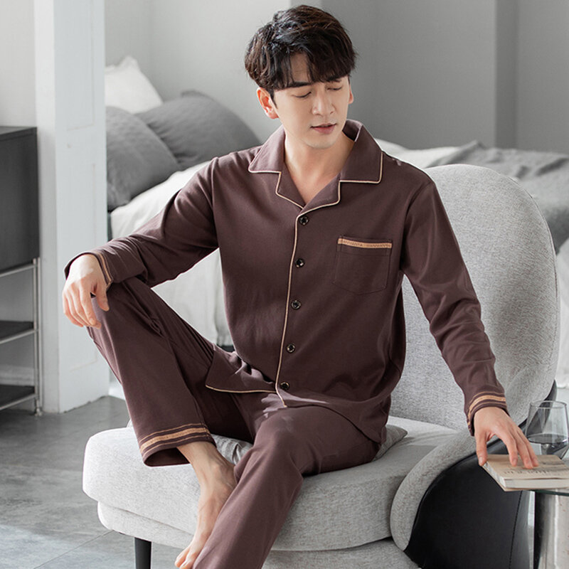 Pijama de algodão puro masculino, calça de manga comprida, cardigã despojado, moda simples, novo, primavera e outono