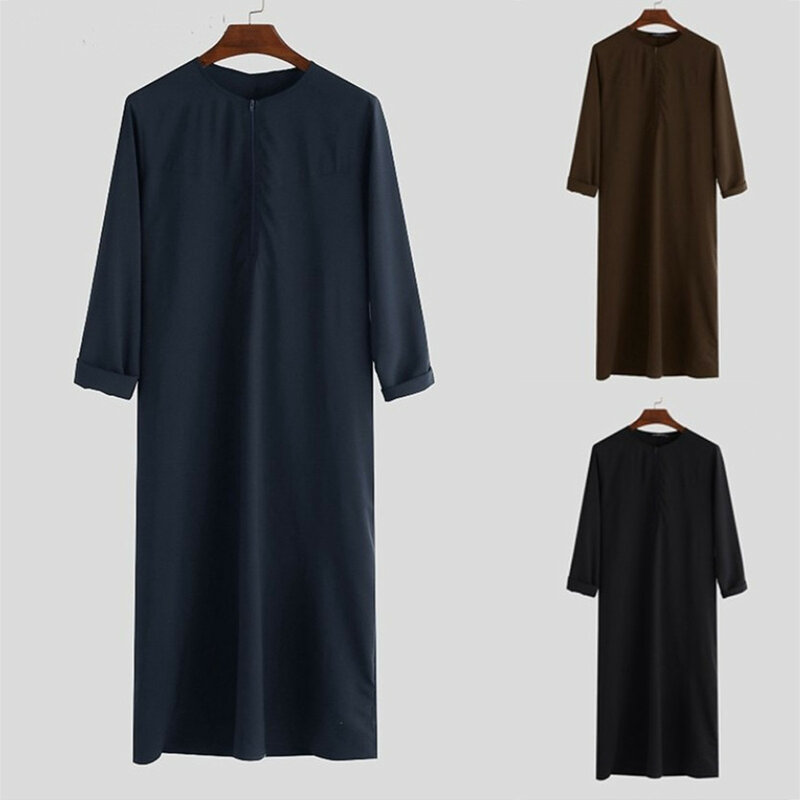 Heren Vintage Losse Moslim Gewaad Comfortabele Moslim Mannen Abaya Shirt Met Rits Ronde Hals Moslim Effen Kleur Casual Heren Kleding
