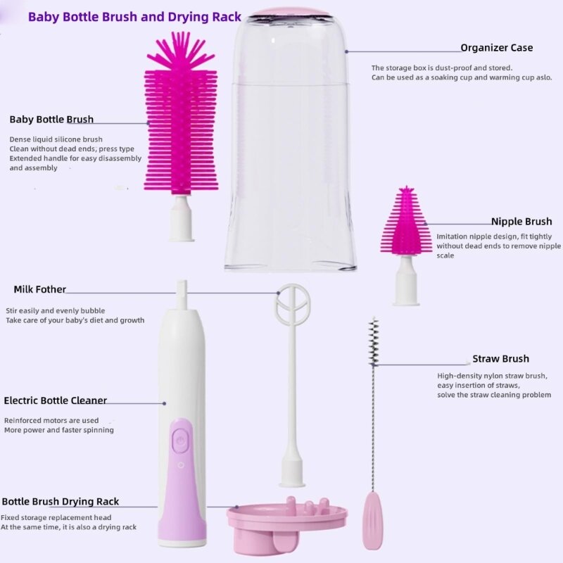 Travel Electric Baby Bottle Brushes Set with Waterproof Electric Bottle Cleaner Silicone Nipple Brush Bottle Brush