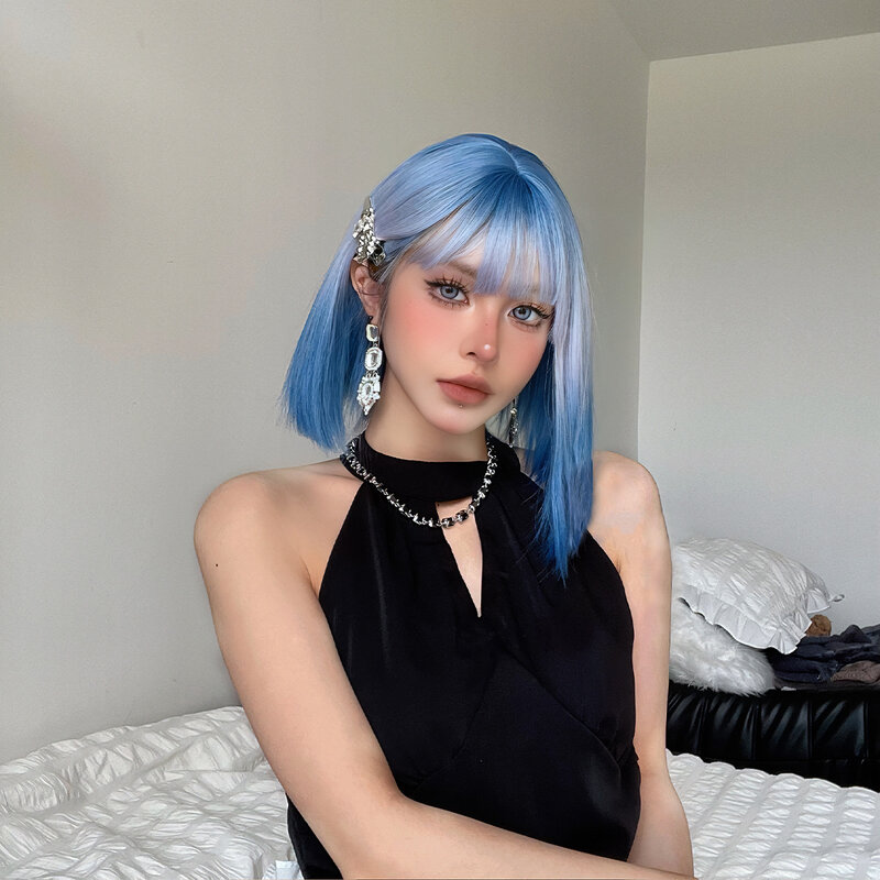 Conjunto de peruca gradiente azul, cabelo curto liso, seda para alta temperatura, estilo japonês e coreano, novo