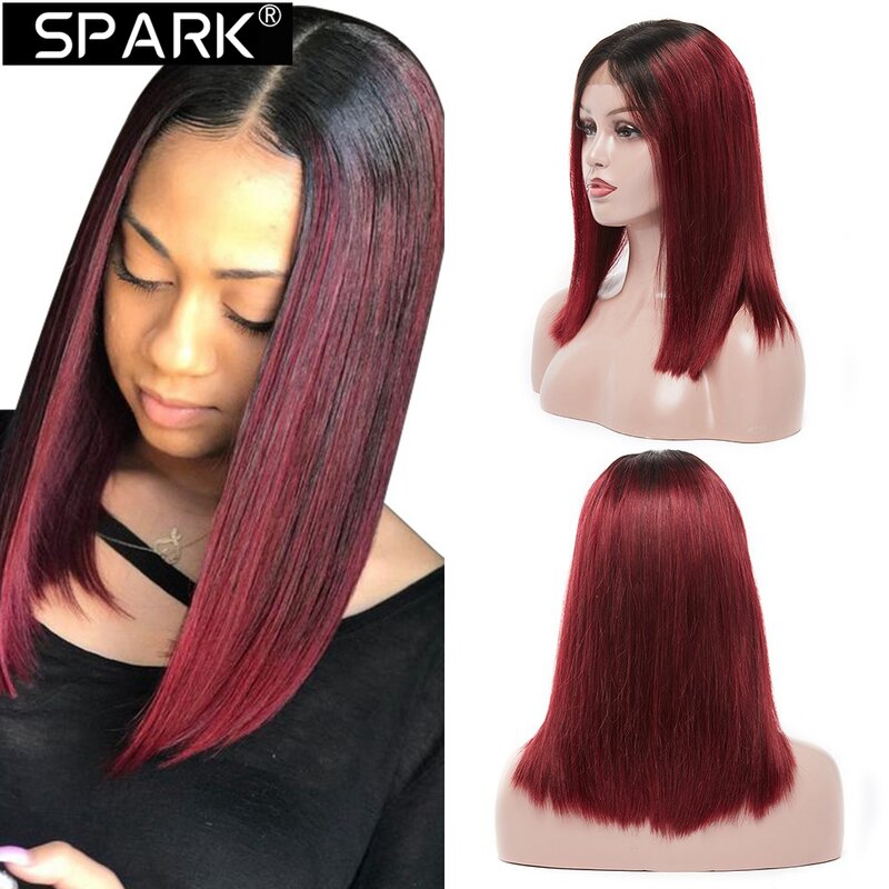 SPARK T1B/99J Straight Bob Red Burgundy Short Bob Wigs 13x4 Lace Front Wigs  For Women Human Hair Transparent Lace 180% Density