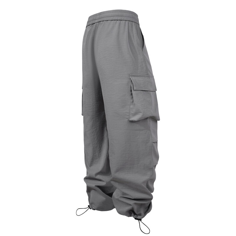 Celana olahraga santai pria, celana saku besar multifungsi tali serut dapat disesuaikan kaki bangku datar tren Jogging