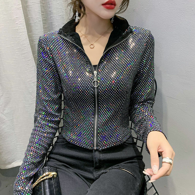 Outono jaqueta feminina nova glitter lantejoulas curto jaqueta feminina moda manga longa design sentido sexy camisa de fundo