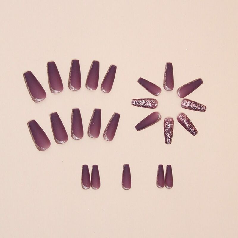 24 szt. Długie baleriny sztuczne paznokcie francuski fioletowy brokat kocie oko sztuczne paznokcie z pełną okładką na paznokcie DIYy odpinane końcówki paznokci