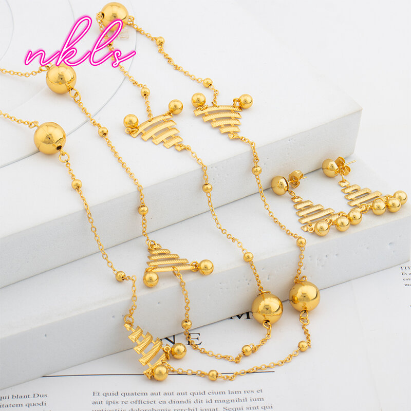 Dubai Vintage Long Necklace Set for Women Gold Color Luxury Chain Necklace Stud Earrings Set Fashion Bridal Jewelry Wedding Gift