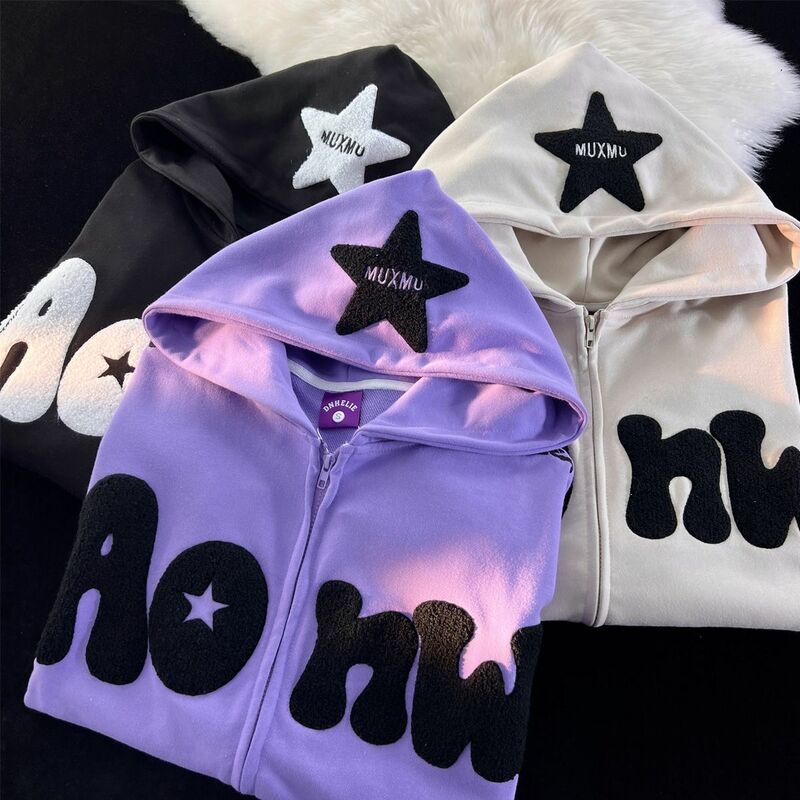 American Retro High Street Embroidery Star Zipper Sweater Women's Spring Autumn Y2K Loose Lazy Wind Thin Couple Hooded Jackets