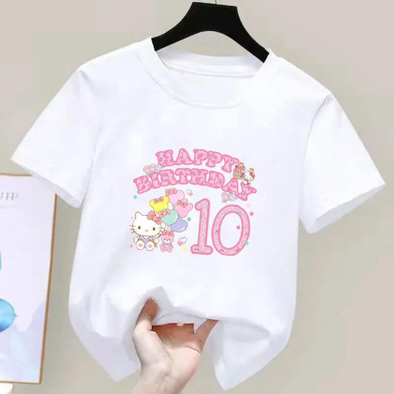 Camiseta de Hello Kittys para niño y niña, camisa con número de cumpleaños, Kawaii, Anime, dibujos animados, informal, 123456789