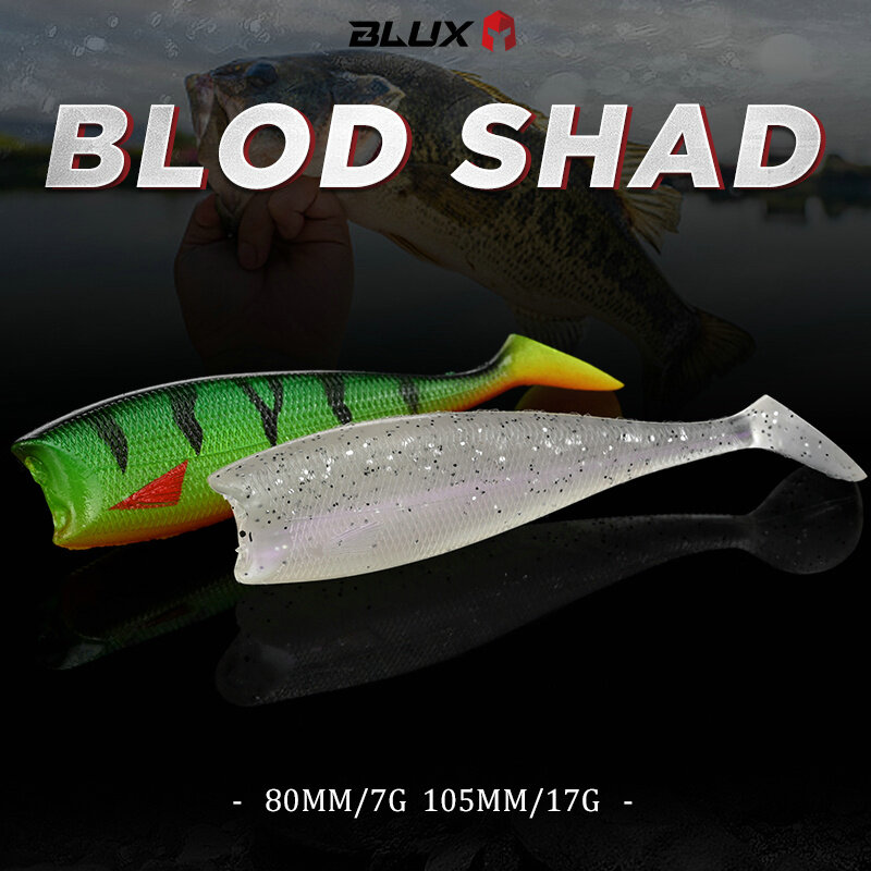 BLUX BLOD SHAD 80mm 105mm 소프트 낚시 루어 지그 헤드 블랙 테일 미노 인공 실리콘 미끼, 바다 농어 스윔 베이트 기어